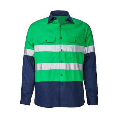 China Hot Sale High Visibility 100% Cotton Drill Green/Navy Two Tone Hi Vis Industrial Long Sleeve Reflective Safety Work Shirt for sale