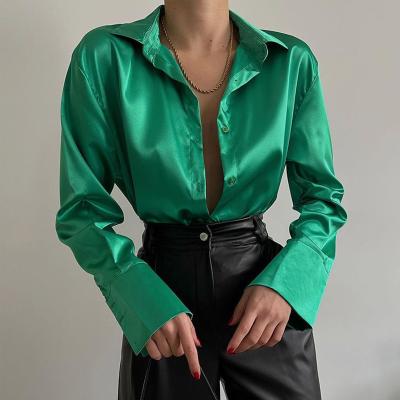 China Women's Silk Satin Sleeve Button Anti-Shrink Long Bottom Summer Vintage Top Sleeve Point Collar Puff Sleeve Blouse Shirt Work Formal Blouse 1 Piece for sale