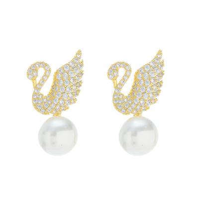 China Wholesale fashion 925 silver swan and needle pearl earrings romantic with advanced sense of temperament simple personality sensitive studs for sale