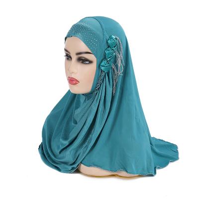 China Beautiful Multifunctional Muslim Girls Hijab With Flower Chains Pull On Head Amira Islamic Scarf Wrap Turban Shawl for sale