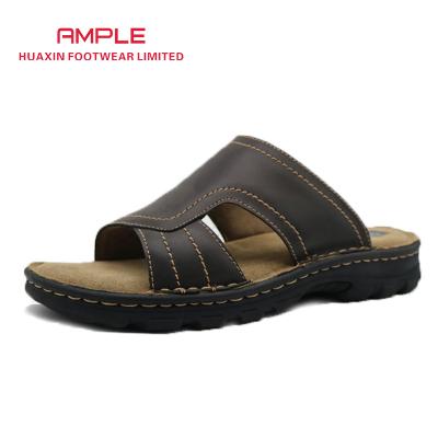 China Fashion Trend Wholesale Mens Beach Slippers Sandals Leather Logo Slippers Men Brown PU Antiskid Slippers Custom Made for sale