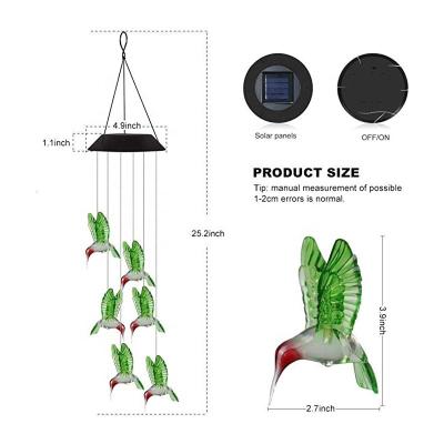 China Decorations Garden Decoration Humingbird wind chem LED lamps waterproof solar hanging color changing yard pathway for sale