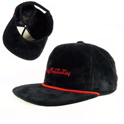 China JOINT Wholesale Black Velvet Fabric 5 Panel Leather Strap Embroidery Snapback Hat Back Cap for sale