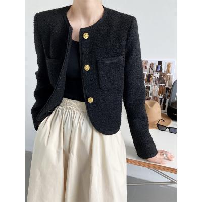 China Black Elegant Lady Breathable Coat Women Vintage O Neck Plaid Tweed Jackets Gold Buttons Office Korean Outwear Woolen for sale