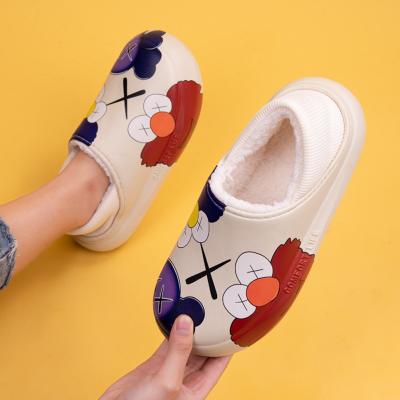 China New Fashion Trend Winter Men's Slippers Cotton Soft EVA Graffiti Cartoon Hand Painted Women Plush Warm Platform Unisex Slippers for sale