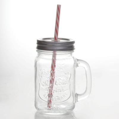 China Sustainable 14OZ Embossed Glass Mason Jar With Handle With Lid And Straw for sale