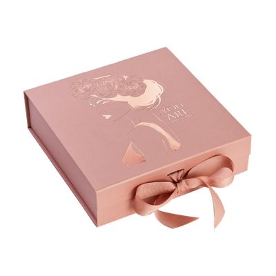 China Large Luxury Foldable Hot Pink Wedding Dress Paper Gift Boxes Recyclable With Ribbon And Magnetic Closure for sale