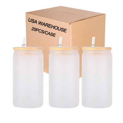 China RTS USA Sustainable Warehouse 12/16/25 Ounce Frosted Clear Sublimation Box Beer Shape Glass Jar With Bamboo Lid And Straw for sale