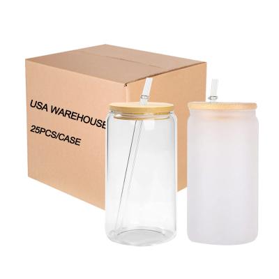 China Viable USA Warehouse Glass 12/16/20/25oz Can Sublimation Mason Jar With Bamboo Lid Frosted Clear And Straw for sale