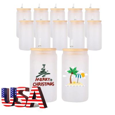 China Viable USA Stock Beer Soda Coffee Juice Sublimation Glass Tumbler 16oz Frosted Sublimation Glass Canister With Bamboo Lid for sale