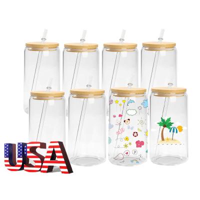 China USA Warehouse 12oz 16oz 20pz 25oz Sublimation Soda Viable Empty Coffee Beer Box Clear Frosted Glass Tumbler With Lid And Bamboo Straw for sale