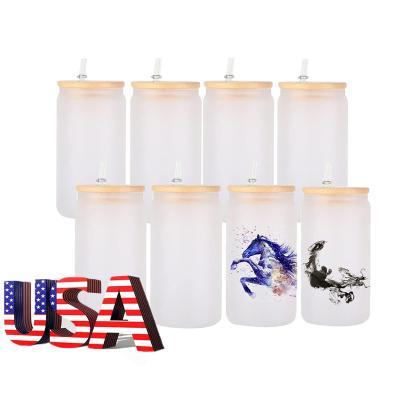 China Disposable USA Ware Bubble Tea Cup White Sublimation Clear Frosted Beer Glass With Lid And Bamboo Straw for sale