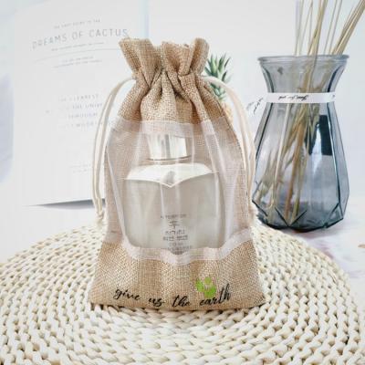 China Wine Drawstring Favor Bags Logo Printed Jute Burlap Customized With Organza Window Screen Printing Accept for sale