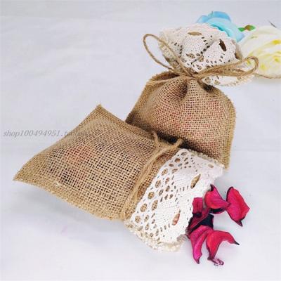 China Rope Handle Customize Small Natural Burlap Bags Hessian Drawstring Lace Wedding Favor Gift Small Jute Sack for sale