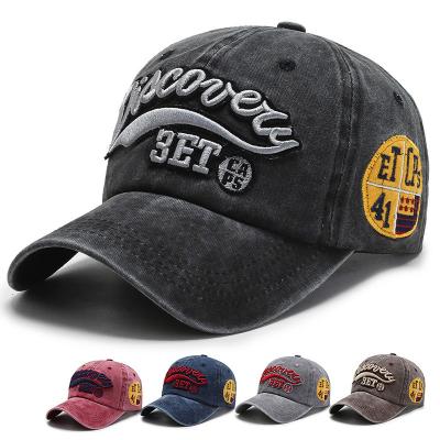 China Custom high quality JOINT embroidery logo 6 panel baseball cap, suede curved brim washed denim ny dad, unisex genuine leather strap hat for sale