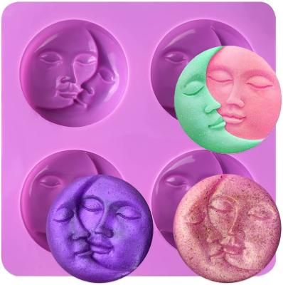 China Viable Sun Moon Silicone Soap Molds 4 Cavity Crescent Moon Face Silicone Soap Mold For Homemade DIY Candle Resin Making for sale