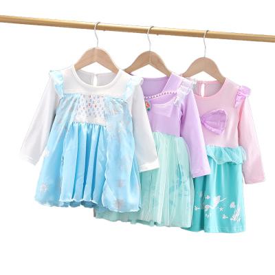 China 2021 New Arrivals Autumn Full Long Sleeves Elsa Mermaid Cotton Washable Cosplay Girls Small Party Shirt Casual Baby Dress Casual for sale