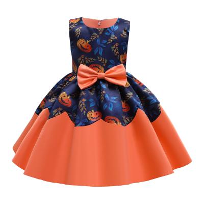 China Regular in Child Running Clothes Outfits Gifts Orange Pumpkin Bow Dress for Kids Halloween Kid Party Babies Dresses for sale