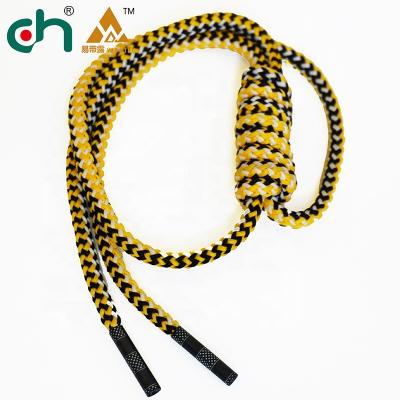 China 120cm Nickel Free Black And Yellow Round Rope Twine With Matte Stripe Coating Bullet Aglets Metal Stopper Wholesale Container for sale