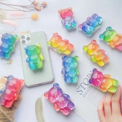 China Adjustable 3D Crystal Bear Mobile Phone Holder Transparent Eject Phone Grip Phone Socket Custom Logo for sale