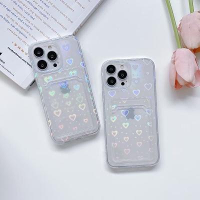 China Laser shockproof popular love heart IMD holographic phone case with card holder for iphone 13 pro, card holder phone case for iphone 13 for sale