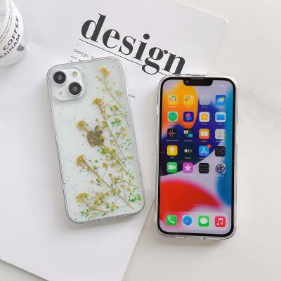 China Real Natural Dry Pressed Dried Flowers Shockproof Stick Tpu Phone Case For iPhone 13 Pro Max for sale