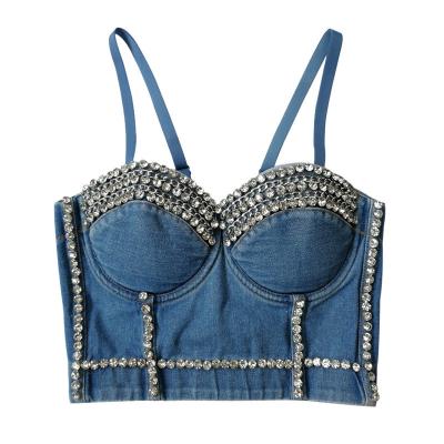 China QUICK DRY Shinny Women Night Club Wear Diamond Rhinestone Crystal Denim Crop Top Camisole With Padded for sale