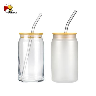 China Wholesale New Arrival Beeman Shaped Beer Can 16oz Cocktail Coke Soda Beer Can Shaped Sublimation Frosted Glass Tumbler With Straw for sale