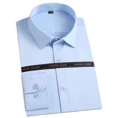 China Anti-pilling Best Price Business Men Long Sleeve Ironing Bamboo Fiber Sky Blue Office Dress Shirt for sale