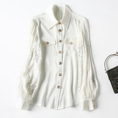 China Ladies Solid Color Luxury Good Quality Silk Double Pocket Anti-Pilling Long Sleeve Shirt for sale