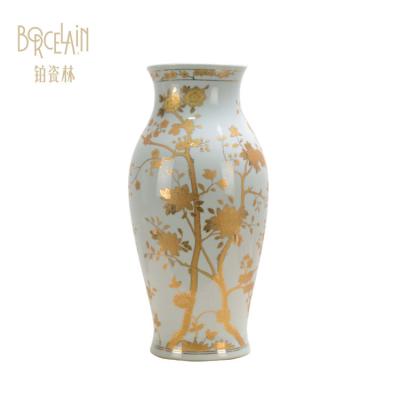 China Traditional Chinese Style Antique White Porcelain Slim Vase, Decoration Gold Flower Pattern Ceramic Vase for sale