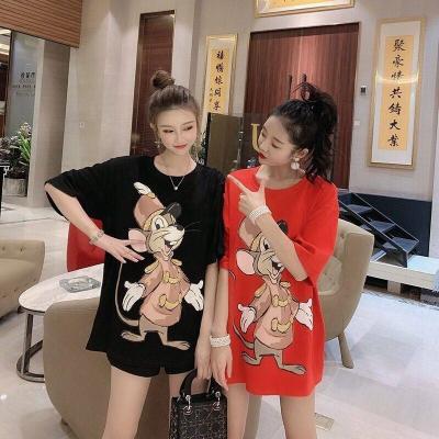 China 200kg Big Women Summer QUICK DRY Cotton Print Mid Length Loose Slim T-shirt Top Women's T-shirt Dress for sale