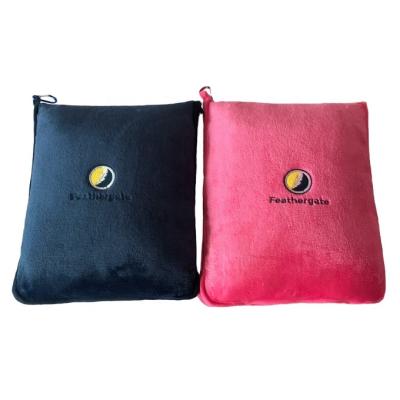 China Anti-pilling soft flight throw customize travel blanket and pillow with hand luggage belt and backpack clip for sale