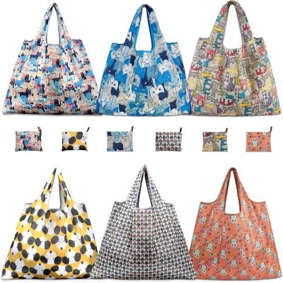 China Tote Bag Large Reusable 190T Reusable Heavy Duty Expandable Polyester Folding Grocery Bag for sale