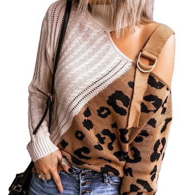 China Anti-wrinkle Sweater Leopard Patchwork Print Turtle Neck Hot Selling Casual Sweater Long Sleeve Knit Pullovers Women Sweater for sale