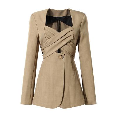 China Autumn Trendy Tie Bow Slim Cropped Anti-pilling Blazer For Women Ladies Elegant Suit Jacket Coat for sale