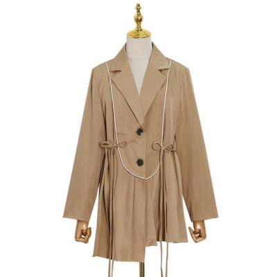 China Fashion Breathable Bow Irregular Pleated Suit Blazer Khaki Short Dress Elegant Women Long Sleeve Blazer Dress for sale