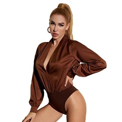 China QUICK DRY V Club Party Streetwear Fashion Jumpsuit Shirts Solid Color Deep Sleeve Overalls Long Sleeve Overalls For Ladies for sale