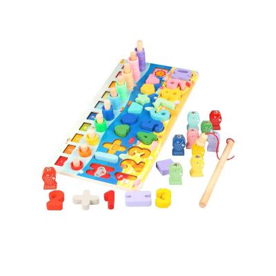 China New Montessori Educational Colorful Wooden Activity Toys Kids Matching Board Learning Number Recognition 3 In 1 Shape Wooden Toys for sale