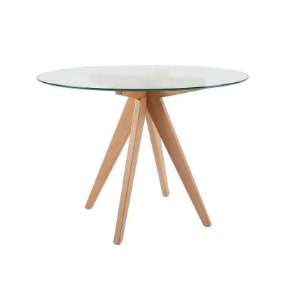 China Wholesale Durable Dining Round Lid Glass With Wooden Legs Table Home Furniture Wood Low Dining Table for sale