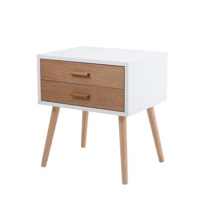 China Hot Selling K/D Wooden Nightstand White Nordic Style With 2 Drawers And Solid Wood Legs for sale