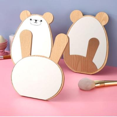 China Wholesale Custom Wooden Makeup 2021 Hot Selling Enlarging Little Bear Make Up Hand Held Mini Cosmetic Mirrors for sale