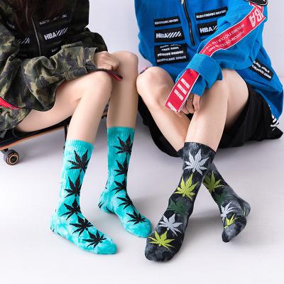 China Antibacterial Customize Terry Maple Leaf Plant Fashion Skateboarding Sports Women Tie Dye Weed Socks for sale