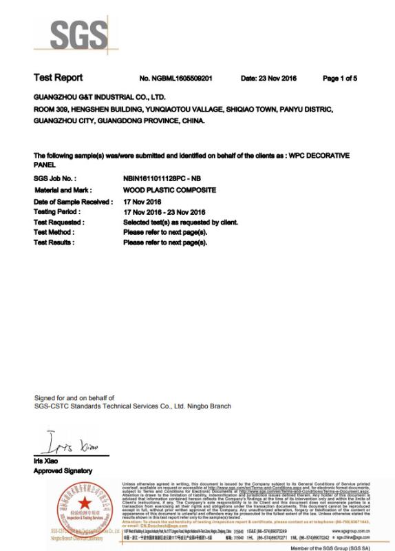 SGS WPC wall panel environmental - Guangzhou G&T Industrial Co., Ltd.