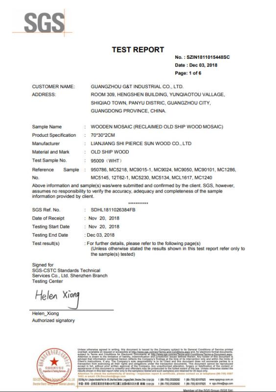 SGS wood mosaic fire resistance - Guangzhou G&T Industrial Co., Ltd.