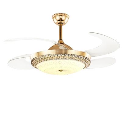 China Modern OEM Customized Energy Saving Multispeed Luxury Gold Universal Remote Control Crystal Led Ceiling Fan Light Blades for sale