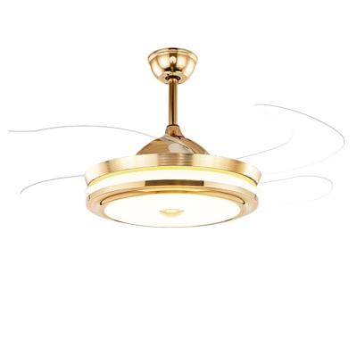 China Modern Golden Ceiling Fan Lamp LED Invisible Retractable Acrylic Blade Lighting Pendant Fan Set for sale