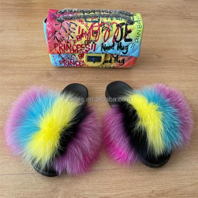 China Anti-odor Fur Slippers And Purse Sets Stylish High Quality Fur Slides With Purse Set for sale