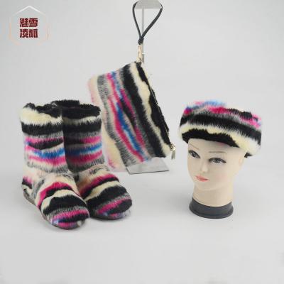 China Wholesale color faux fur fulfluffy boots waterproof sets assortment with purse bags headband for ladies women for sale