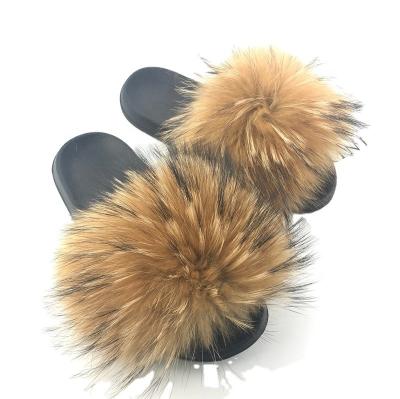 China Anti-Smell Specially Designed Fur Slipper Socks Fur Sandals Raccoon Brown Fur Slides for sale